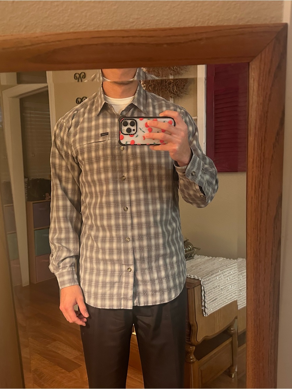 Columbia Gray and White Plaid Button-Down Shirt